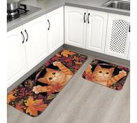 Cute Cat Kitchen Mats for Floor, Autumn Leaves Design Soft Mats, Cushioned Comfort Washable Non Slip Rugs for Kitchen Sinks Laundryroom Bathroom 2PCS