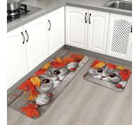 Cute Cat Kitchen Mats for Floor, Autumn Leaves Pattern Soft Mats, Cushioned Comfort Washable Non Slip Decor Rugs for Kitchen Sinks Laundry Room Bathroom 2PCS