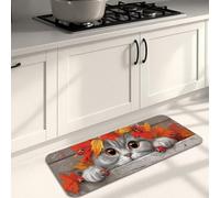 Cute Cat Kitchen Mats for Floor, Autumn Leaves Pattern Soft Mats, Cushioned Comfort Washable Non Slip Decor Rugs for Kitchen Sinks Laundry Room Bathroom 16x47 Inch