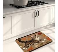 Cute Cat Kitchen Mats for Floor, Autumn Leaves Pattern Soft Rugs, Cushioned Non-Slip Washable Decor Mats for Kitchen Sinks Laundry Room 16x24 Inch