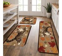 Cute Cat Kitchen Mats for Floor, Autumn Leaves Pattern Soft Rugs, Cushioned Non-Slip Washable Decor Mats for Kitchen Sinks Laundry Room 3Pcs