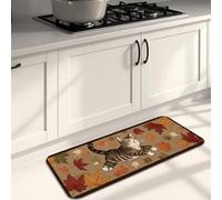 Cute Cat Kitchen Mats for Floor, Autumn Leaves Pattern Soft Rugs, Cushioned Non-Slip Washable Decor Mats for Kitchen Sinks Laundry Room 16x47 Inch