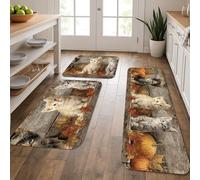Cute Cat Kitchen Mats for Floor, Autumn Leaves Rustic Soft Mats, Cushioned Comfort Washable Non Slip Decor Rugs for Kitchen Sinks Laundryroom Bathroom 3Pcs