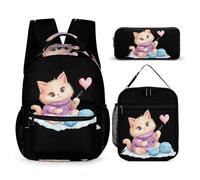 Cute Cat Knitting with Yarn Balls Printed Dayback Set with Lunch Bag And Pencil Case Lightweight Classic Backpack Set 3pcs