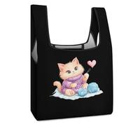 Cute Cat Knitting with Yarn Balls Reusable Grocery Bags Shopping Large Capacity Washable Foldable Tote Bag Fits in Pocket
