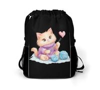 Cute Cat Knitting with Yarn Balls Trendy Drawstring Backpack with Shoes Compartment Gym Bag Beach Cinch for Women Men