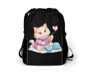 Cute Cat Knitting with Yarn Balls Trendy Drawstring Backpack with Shoes Compartment Gym Bag Beach Cinch for Women Men