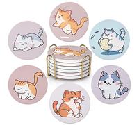 Cute Cat Lover Gift Coasters Set of 6 with Holder - Ceramic Table Drink Coasters - Kawaii Anime Decor for Office Desk & Bar