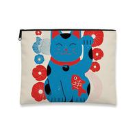 Cute Cat Makeup Bag, Blue Lucky Kitty Cosmetic Travel Pouch for Women, Portable Small Canvas Zipper Organizer, Ideal Gift for Festivals and Spring Season, blue, 7x9 Inch, Cat