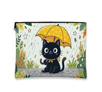 Cute Cat Makeup Bag, Fanciful Cat with Yellow Umbrella Cosmetic Pouch for Women, Portable Canvas Zipper Organizer, Rainy Day Travel Toiletry Bag, Black, 7x9 Inch, Cat