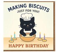 Cute Cat Making Biscuits Birthday Card - 'Making Biscuits Just For You! Happy Birthday' - Baking Cat with Candles - Fun Card for Lovers, Friends or Family