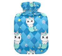 Cute Cat Mermaid Unicorns Blue Hot Water Bottle with Soft Velvet Cover Warm Water Heat Bottles for Menstrual Cramps Pain Relief Medium