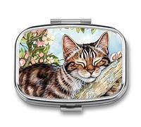 Cute Cat Metal Pill Organizer Case, 2-Compartment Travel Pill Box, Portable Pocket Pill Container with Secure Closure, Small Medication Holder for Men Women Seniors, Giftable