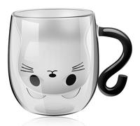 Cute Cat Mug, Double Walled Glass Mug 250ml Coffee Cup Cappuccino Latte Glass Milk Tea Cup Temperature Resistant Glass Water Mug for Birthday Christmas Valentine's Day Cat Gifts(Black cat)
