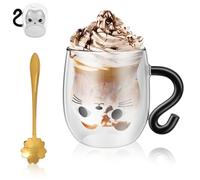Cute Cat Mug Double Walled Glass Mugs with Spoon, 250ml Cat Coffee Mug with Handle Insulated Espresso Milk Tea Cup, Birthday Christmas Valentines Mothers Day Gifts for Women Children Mum Girlfriend