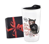 Cute Cat Mug for Cat lovers, To Go Coffee Cup with Splash Proof Lid, Double-Wall Ceramic Funny Travel Car Mugs 12 Ounce, MEOW Pet Wear Glasses Decorated (Yeah, stay Paw Sitive)