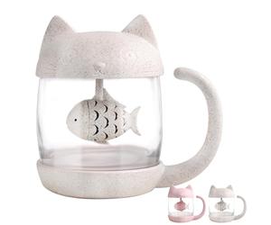 Cute Cat Mug Glass Tea Mug Cup with Fish Tea Infuser Strainer Filter, Kawaii Funny Cool Personalised Mug Christmas Birthday Gifts for Women Girl Her Teacher Friend Mother's Day Halloween 250ML (8OZ)