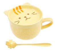 Cute Cat Mug with Lid Cute Ceramic Cat Coffee Mug Animal Coffee Tea Cup Saucer Set Kawaii Ceramic Mugs with Biscuit Holder and Spoon Funny Novelty Cat Breakfast Mug for Girls Boys Friend (Yellow)