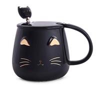 Cute Cat Mugs Cat Coffee Mug Set with lid and Lovely Kitty Spoon Novelty Morning Tea Milk Mug Set for Cat Lovers Girls Women Christmas Birthday Gift 400ML/14oz (Black)