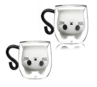 Cute Cat Mugs Set of 2 , Double Wall Glass Tea Cup, Cute Coffee Mug, with Handle 9.5oz Milk Cup Double Wall Insulated Glass Espresso Cups Glass Gift for Personal Birthday Valentine's Day and Office