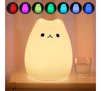 Cute Cat Night Light for Kids - 7 Color Changing Lamp With Touch Control, Dimmable Battery Powered Bedside Lamp, Silicone Soft Light for Baby Girls Boys Children Toddler Gift