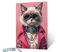 Cute Cat Paint by Number for Adults, Beautiful Gemstones DIY Oil Painting Kits on Canvas with Brushes and Acrylic Pigment, Fashionist Illustration for Home Decor Birthday Gift 16x20 inch (Frameless)