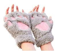Cute Cat Paw Winter Soft Warm Fingerless Cosplay Faux Fur Plush Gloves for Women Girls - Fuzzy Thick Fleece Halter Cartoon Bears Half Finger