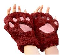 Cute Cat Paw Winter Soft Warm Fingerless Cosplay Faux Fur Plush Gloves for Women Girls - Fuzzy Thick Fleece Halter Cartoon Bears Half Finger