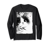 Cute Cat Peeking Through Bamboo Japanese Sumi-e Art Long Sleeve T-Shirt