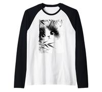 Cute Cat Peeking Through Bamboo Japanese Sumi-e Art Raglan Baseball Tee