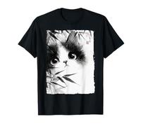 Cute Cat Peeking Through Bamboo Japanese Sumi-e Art T-Shirt