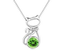 Cute Cat Pendant Necklace with Peridot Crystal August Birthstone Cat Necklace 925 Sterling Silver Cats Jewellery gifts for women girls