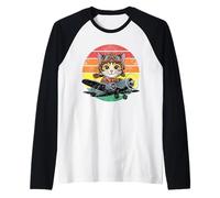 Cute Cat Pilot Flying Vintage Airplane Retro Sunset Raglan Baseball Tee