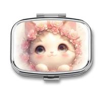 Cute Cat Pink Flower Pill Case Box with 2 Compartment Medicine Vitamin Organizer for Purse Pocket 5.5x4cm