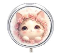 Cute Cat Pink Flower Pill Case Box with 3 Compartment Medicine Vitamin Organizer for Purse Pocket 5x5cm