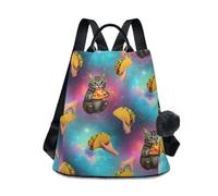 Cute Cat Pizza Taco Starry Sky Backpack, Anti Theft Back Zip Design, Multi Pocket Polyester Daypack with Plush Keychain