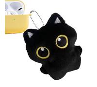Cute Cat Plush - Tiny Black Kitty Toy Figure, Fluffyy Collectible Pendant With Key Ring Attachment | Kawaii Animal Gift Decoration For Handbag School Bag Shelf Desk Bedroom Present Children Friends