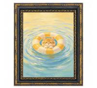 Cute Cat Pool Float Poster Whimsical Kitten on Swim Ring Wall Art Print Pastel Blue Water Animal Painting for Nursery Bedroom Living Room Decor Playful Summer Pet Retor Black Frame 16" L X 20" W