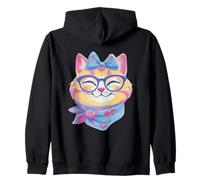 Cute Cat Portrait Cat Lover Graphic Blue Glasses Bow Floral Zip Hoodie