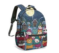 Cute Cat Print Backpack 16 Inch Winter Snow Moon Stars Cartoon Cats with Hats Scarf All Over Print Travel Daypack (03)