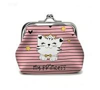 Cute Cat Print PU Leather Coin Purse, Mini Kiss Lock Change Pouch 3.5" x 3.1" Small Storage Wallet for Women, pink, Fashion,cute,doodle, Hand-drawn, Cartoon, Kawaii, Whimsical, Monochrome, Cat Print