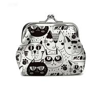 Cute Cat Print PU Leather Coin Purse, Mini Kiss Lock Change Pouch 3.5" x 3.1" Small Storage Wallet for Women, black and white, Fashion,cute,doodle, Hand-drawn, Cartoon, Kawaii, Whimsical, Monochrome