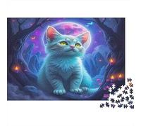 Cute Cat Puzzle for Adults 1000 Pc Jigsaw Puzzle Recycled Paper Blue Kitten in Glowing Moonlit Vibrant Scene Fun Present & Activity for Home Family Game Gift 70x50cm/1000pcs