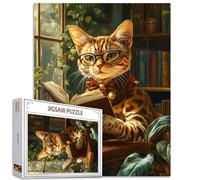 Cute Cat Reading Books 1000 Piece Jigsaw Puzzle for Adults Kitten with Glasses in Study Room Jigsaw Puzzles Hard Difficult Challenging Family Activity Game DIY Handwork Puzzles Home Decor Gifts