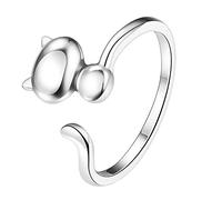 Cute Cat Rings for Women Teen Girls Adjustable Cat Ears Cat Animal Finger Ring Couple Cartoon Little Cat Pet Gift Jewelry Twig Ring (Silver, One Size)