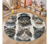 Cute Cat Round Rug 100 Cm Washable, Grey Non-Slip Circle Rug, 3D Animal Patterns Decorative Carpet, Soft Low Pile Bedside Carpet Decor, Living Room Bedroom Kitchen Nursery