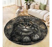 Cute Cat Rugs Round 100 Cm Living Room Non-Slip Area Rug Round Shaggy Machine Washable Floor Carpet Short Pile Soft Animal Paw Prints Circle Rug Grey For Living Rooms, Bedrooms