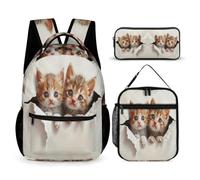 Cute Cat School Backpack 3 Piece Set for Kids Age 11, Kitten Book Pack 3 Piece Set Year 5 for Young Learners Weekend Adventures Sports Practice and Family Travel