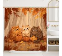 Cute Cat Shower Curtain, Autumn Orange Feline Decor, Fall Halloween Bathroom Set, Adorable Cartoon Style Waterproof Fabric Shower Curtain with Hooks 72x72 Inch