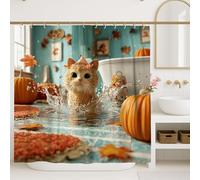 Cute Cat Shower Curtain, Autumn Orange Pumpkin Leaves Bathroom Decor, Fall Seasonal Fun Modern Waterproof Fabric Shower Curtain with Hooks 62x72 Inch